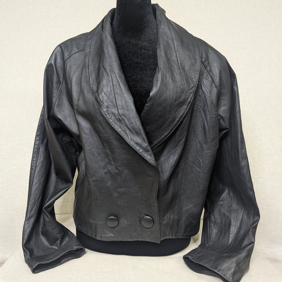 Avon Jackets & Blazers - Vintage 80s Avon Fashions Black Leather Cropped Jacket - Mob Wife Blazer SZ M